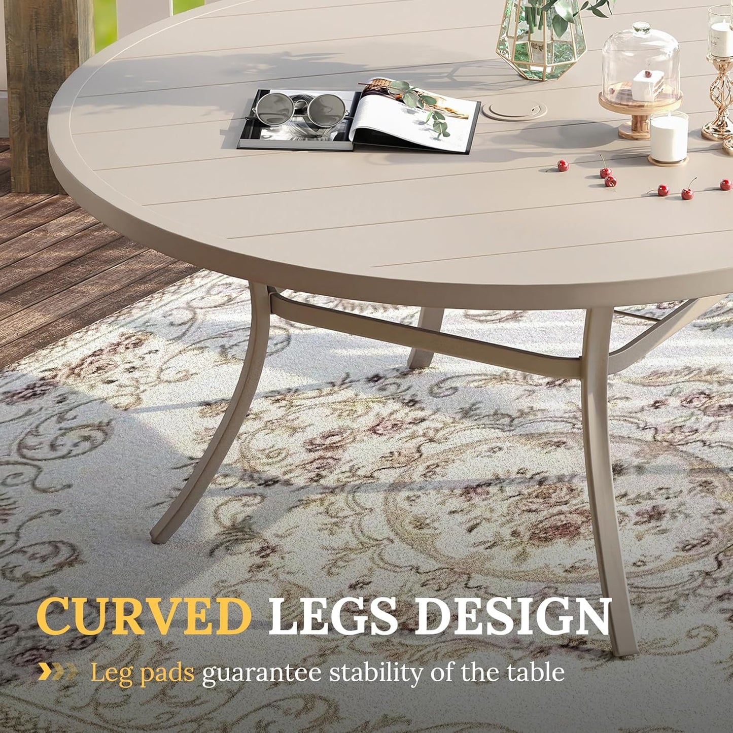 VICLLAX 60" Outdoor Round Patio Table for Lawn Garden, All Weather Metal Round Patio Dining Table with Adjustable Umbrella Hole, Outdoor Table for 8-10 Person, Cream Color Tabletop