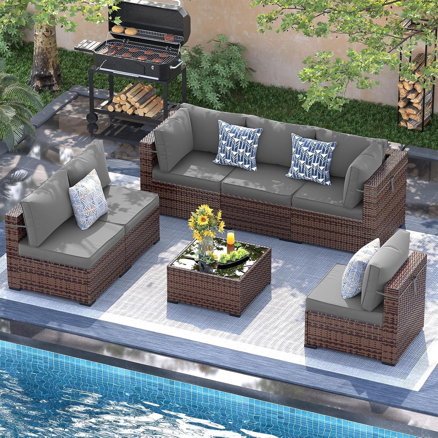UDPATIO Patio Furniture Set, 7 Piece Outdoor Sectional Sofa, Wicker Modular Patio Sectional Conversation Sets with Waterproof Cover for Deck Backyard(Brown/Dark Grey)