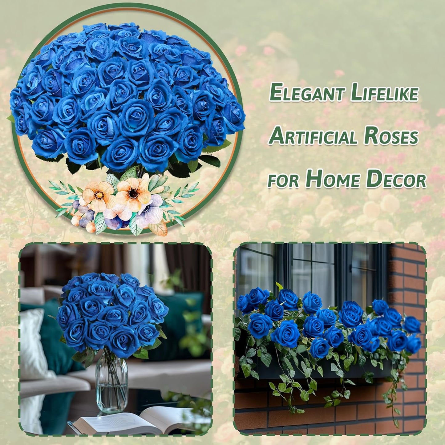 50 PCS Fake Blue Roses, Artificial Blue Flowers Realistic Silk Faux Rose with Stems for Wedding Decorations Romantic Gifts Anniversary Celebration Bridal Bouquets DIY Floral Arrangement Home Decor