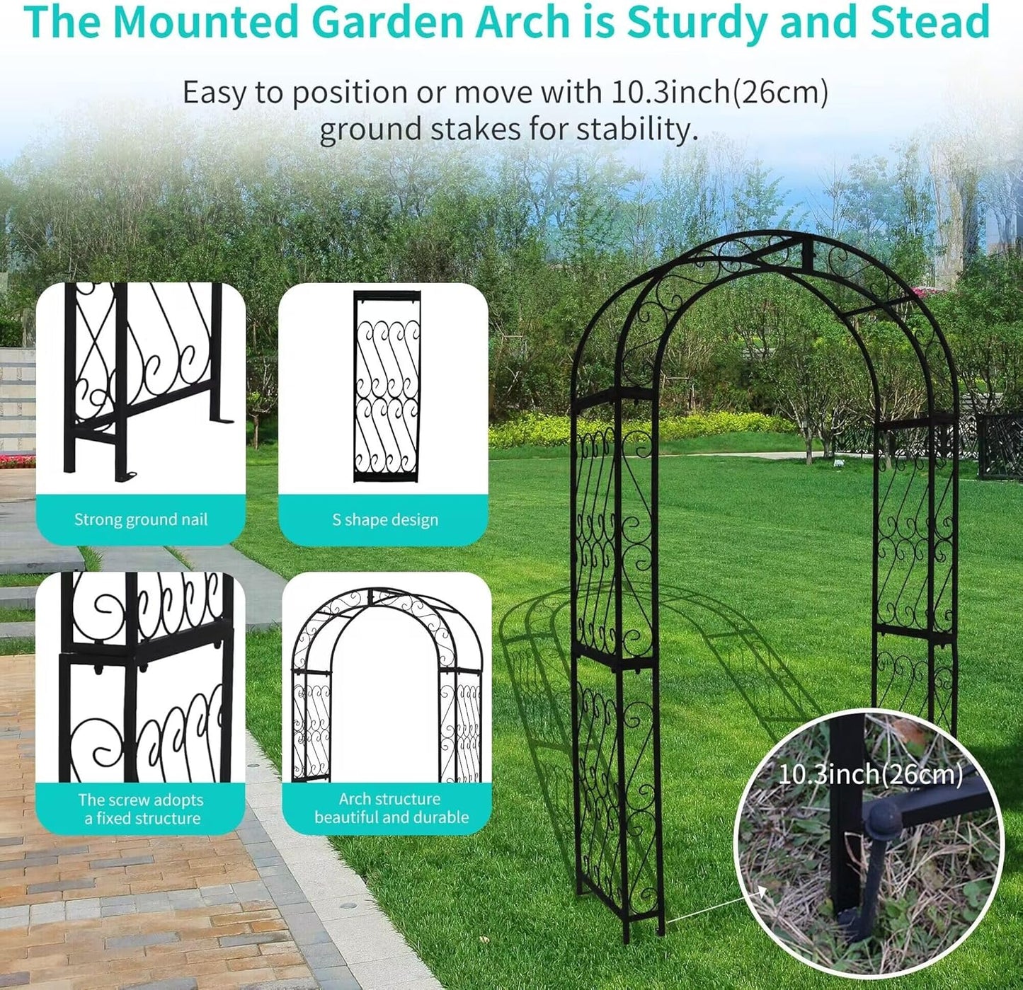 SCENDOR 48.8" W x 83.8" H Garden Arch, Black Sturdy Metal Iron Arbor, Courtyard Cast Trellis for Various Climbing Plant, Outdoor European-Style Archway Wedding Ceremony Party