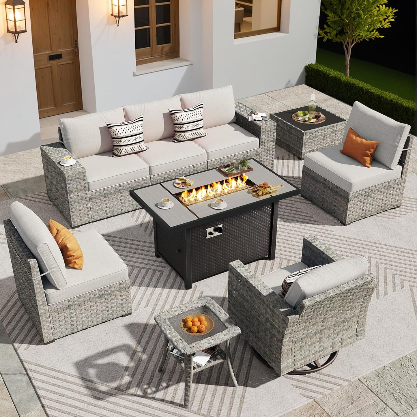 ovios 9 Pieces Patio Furniture Set, Outdoor Wicker Sectional Sofa with 42" Firepit Table Swivel Chair, Modern Modular Deep Seat Rattan Couch Conversation Sets, Beige