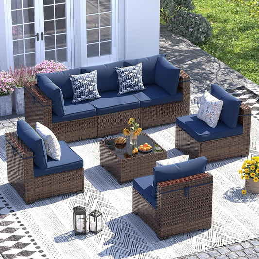 UDPATIO Patio Furniture Set, 7 Piece Outdoor Sectional Sofa, Modular Wicker Outdoor Furniture Conversation Sets with Waterproof Cover for Backyard Deck(Brown/Navy Blue)