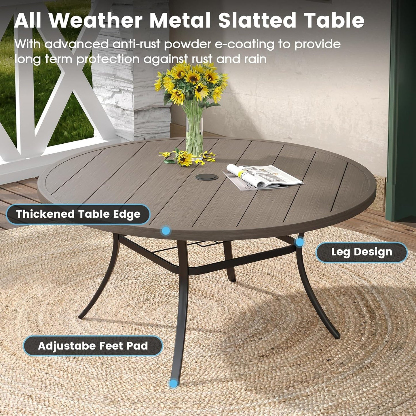 DIFY 50" Round Outdoor Patio Dining Table for 6, Metal Patio Table with 1.57" Adjustable Umbrella Hole, All-Weather Dining Furniture Table for Backyard Lawn Garden, Grey Wood-Like