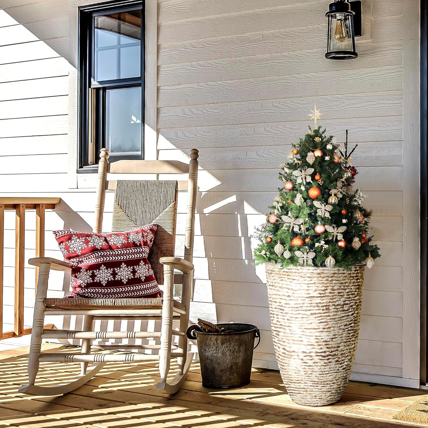 KOL 2-Pack 21in. Tall Plastic Planter - Large Round Tapered Plant Pots with Textured Finish - Beige Imitation Stone Looking Flower Pots for Indoor & Outdoor Plants - Lightweight and Durable