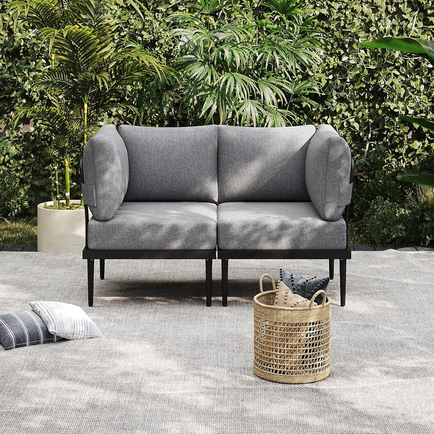 Sundale Outdoor 2 Pieces Metal Patio Furniture Set, Outdoor Sectional Sofa w/6 Inch Olefin Cushion, Modern Outdoor Conversation Sets