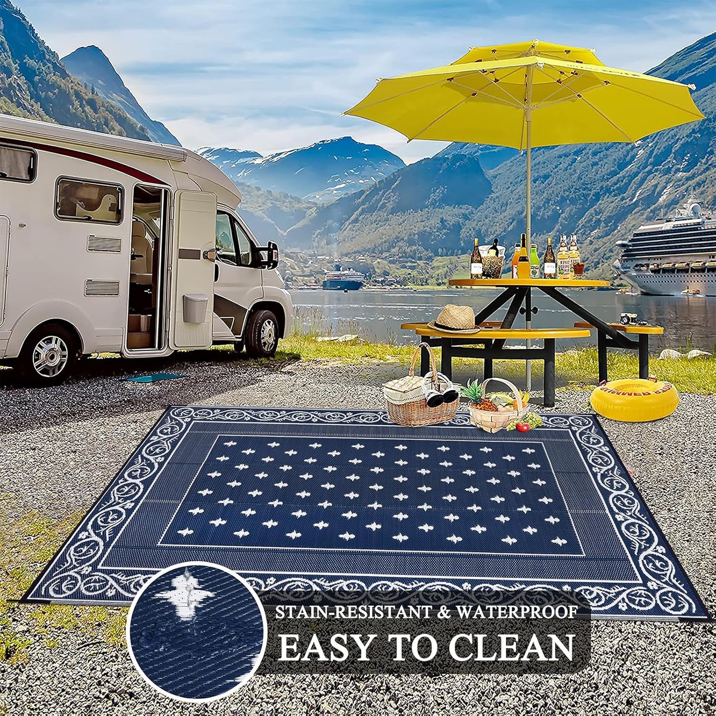 Pauwer Waterproof Outdoor Rug 6x9, Reversible Plastic Straw Patio Camping Rug, Indoor Outdoor RV Mat Carpet for Deck, Camper, Porch, Balcony, Backyard, Picnic, Bordered Navy