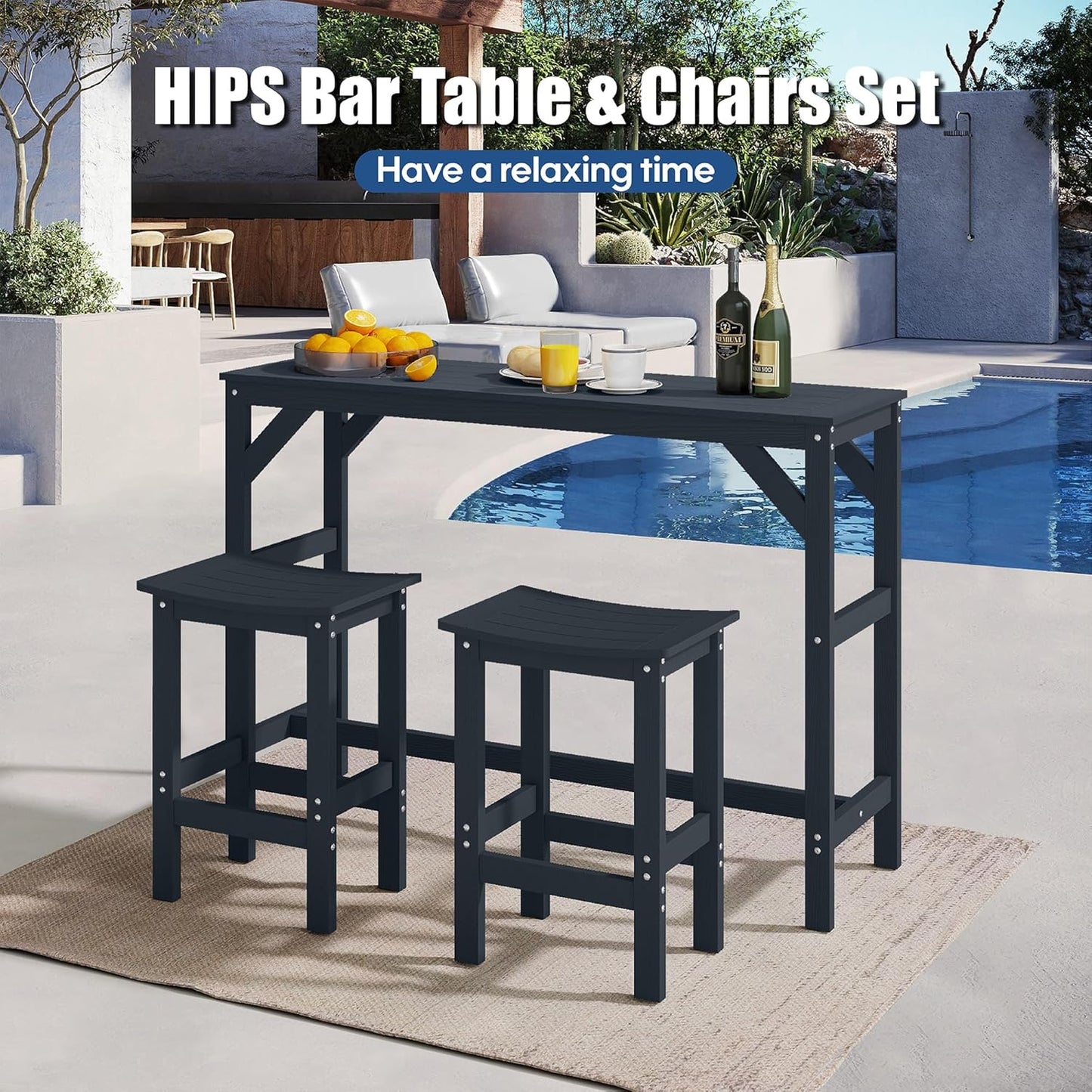 3Pcs HIPS Outdoor Patio Bar Set, All Weather HIPS Bar Table and Chairs Set for Outside, 55" Rectangular High Top Bar Table with 2 Bar Stools for Poolside, Patio, Balcony, Deck, Black