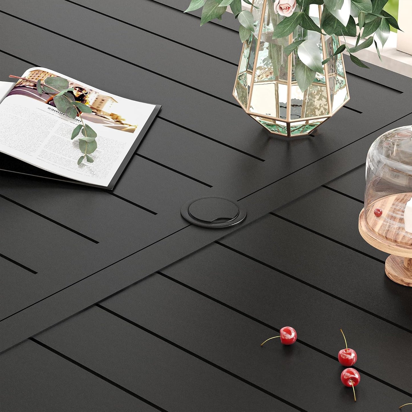 VICLLAX Patio Dining Set for 6, Outdoor Furniture Set Includes 59" Rectangle Patio Table and 6 Patio Sling Chairs, Outdoor Table and Chairs for Outsides, Black Tabletop and Brown Fabric