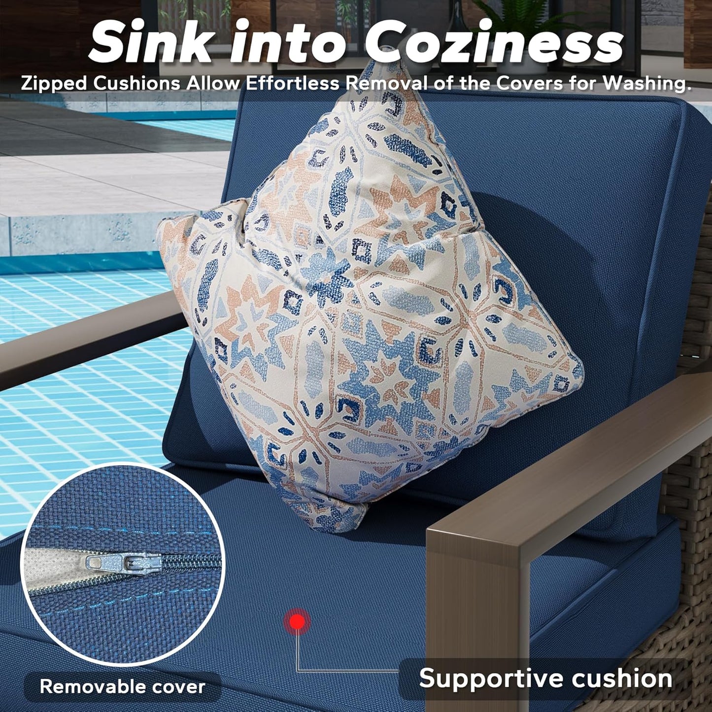 Outdoor Wicker Metal Chairs Set of 2 with Matching Side Table - 3 Pieces Patio Bistro Set with Removable Olefin Fabric Cushions & Rectangular Framed Wood-Looking Metal Armrest, Dark Blue