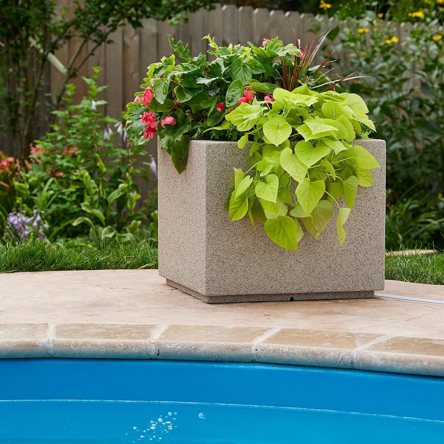 PolyStone Monterray Modern Outdoor/Indoor Square Planter, 23" L x 23" W x 19" H, Lightweight, Heavy Duty, Weather Resistant, Polymer Finish, Commercial Grade and Residential (Sandstone Granite)