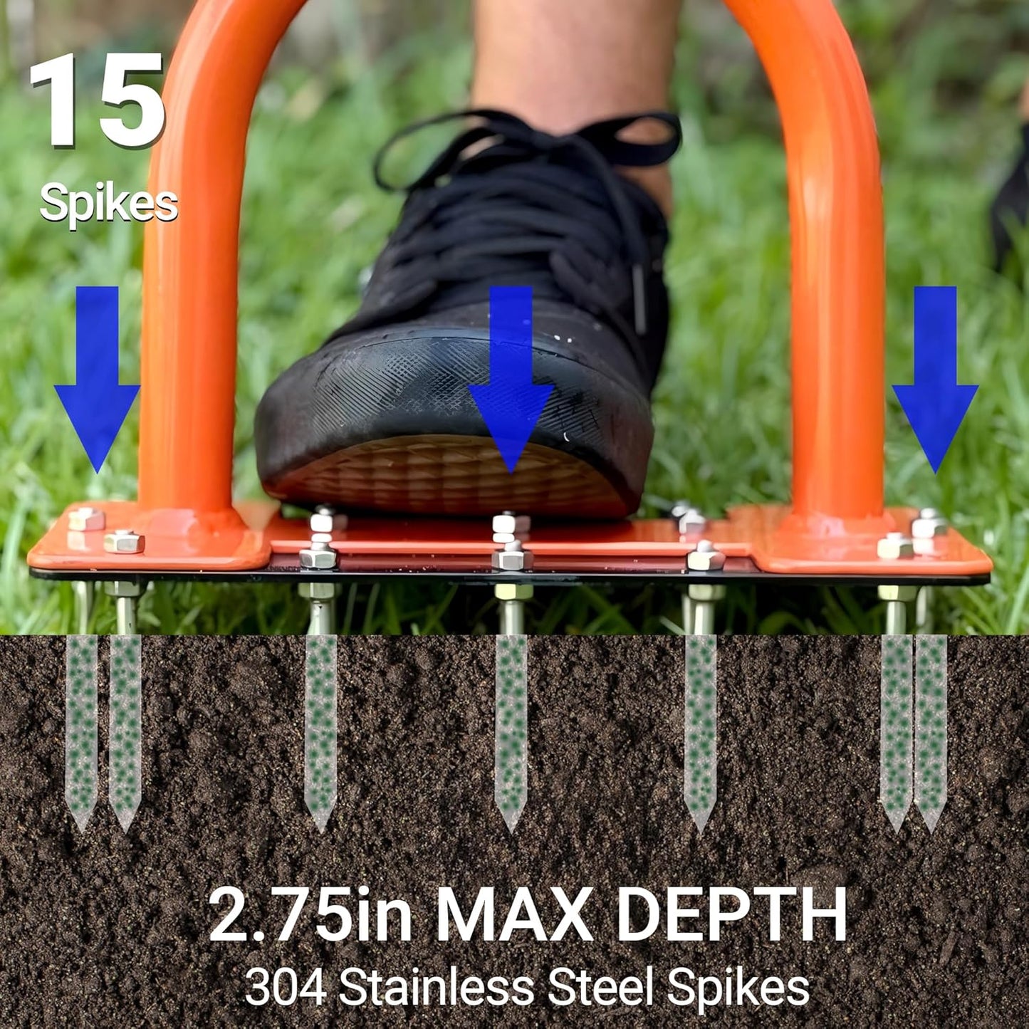 39in Lawn Aerator Spike Tool with 304 Stainless Steel Spikes Heavy Duty Lawn Aerator with Wide Foot Plate Rubber Handle for Soil Aeration, Grass & Yard Care