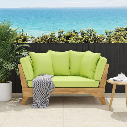 Outdoor Adjustable Patio Wooden Serene Daybed Sofa Chaise Lounge with Cushions for Small Places, Sleeper Chair with Armrest for Backyard, Poolside (Green)