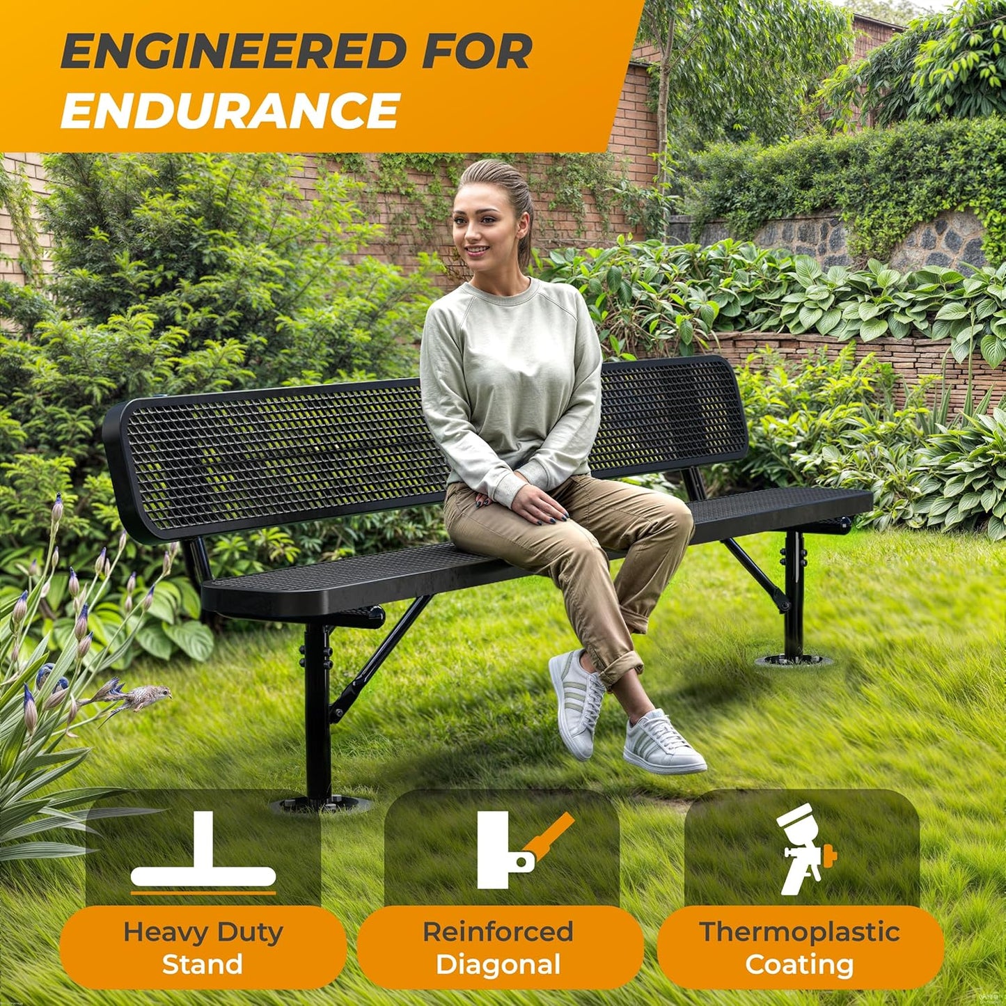 Heavy-Duty Outdoor Metal Bench, Thermoplastic-Coated, Surface, Weatherproof, Commercial-Grade for Parks, Gardens, Patios, Stores & More (8 Ft - Surface with Back, Black)