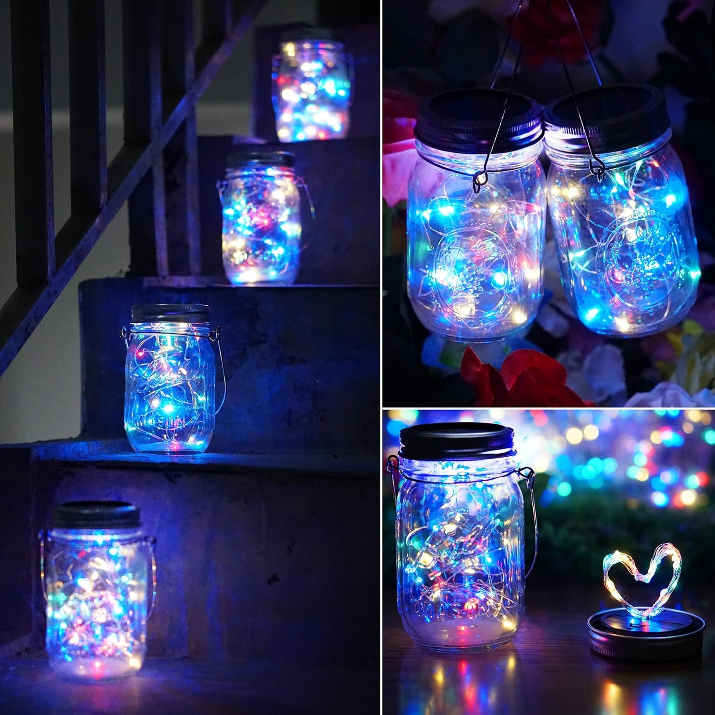 SunKite Solar Mason Jar Lights [Updated], 8 Pack 20 LED Waterproof Fairy Firefly Jar Lids String Lights with Hangers(NO Jars), Patio Yard Garden Wedding Decoration(Multi-Colored)