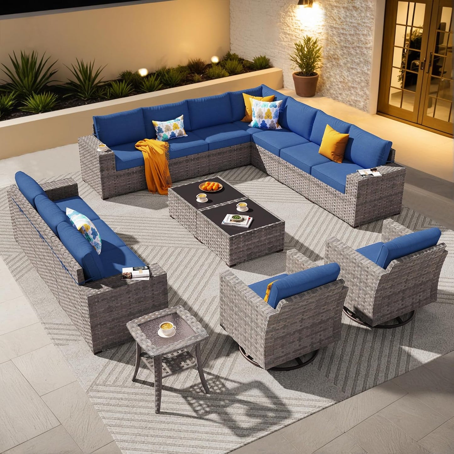 ovios 15 Pieces Patio Furniture Set, Outdoor Wicker Sectional Sofa with Swivel Chairs Coffee Table, Modern Modular Deep Seat Rattan Couch Conversation Sets, Navy Blue