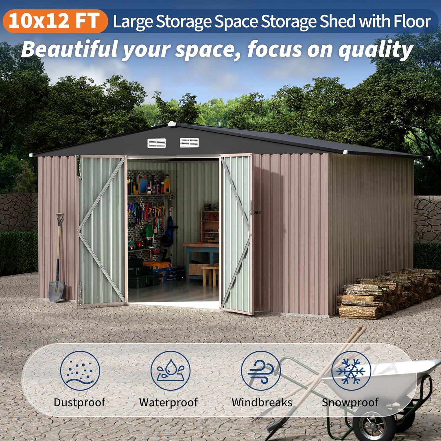 10x12 FT Metal Storage Sheds Outdoor with Floor, Metal Yard Sheds Garden Shed Kit, MetalTool Shed with Lockable Door, Metals UtilitySheds Buildings with Air Vent for Backyard Garden Patio Lawn