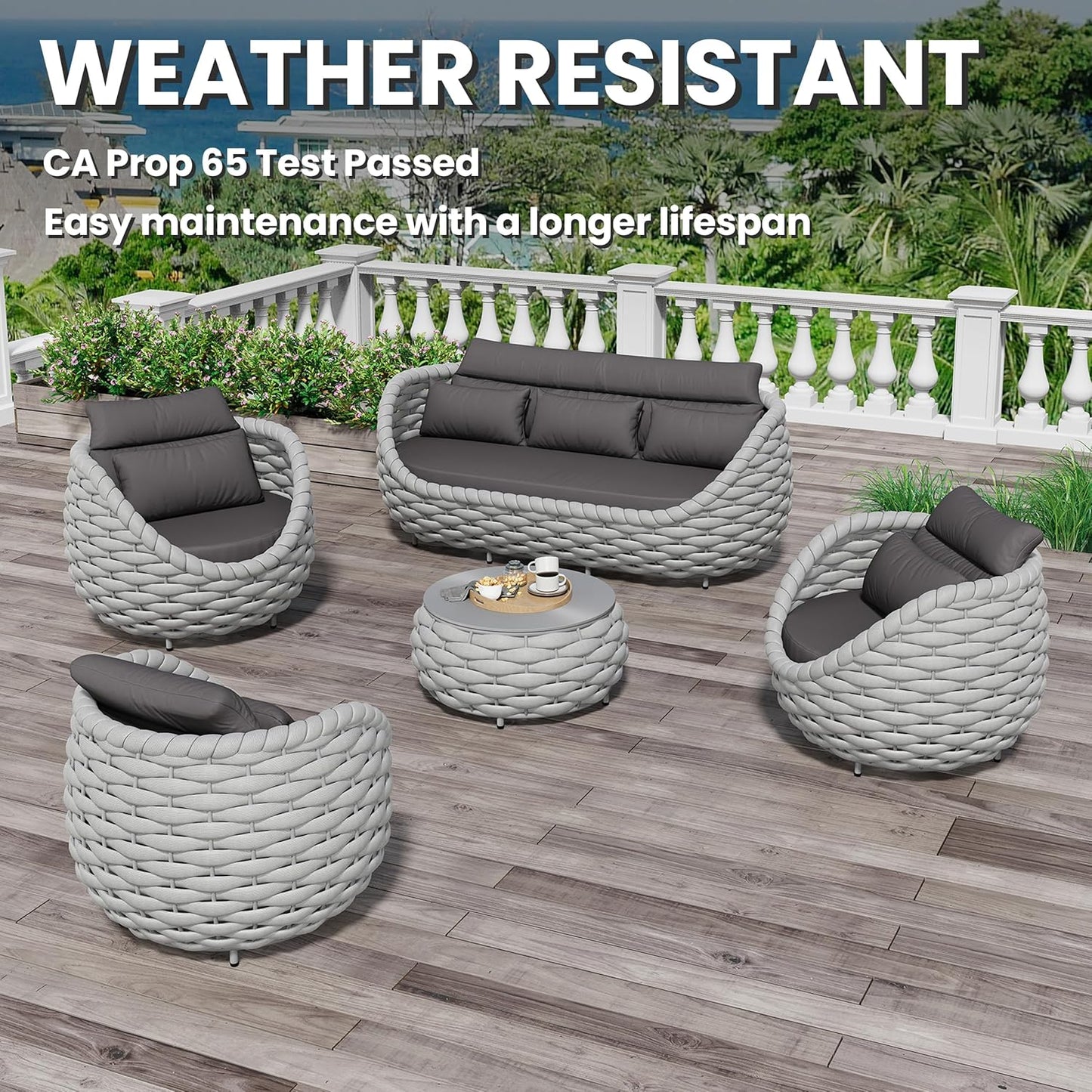 Aluminum Outdoor Patio Couch Set: 5 Pieces Woven Rope Porch Furniture Sofa Set Cushioned - Metal Modern Deck Conversation Set - All Weather Assembled Courtyard Seating for Backyard Pool Hotel