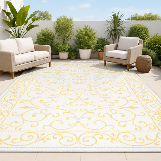 JONATHAN Y SMB106M-5 Charleston Vintage Filigree Textured Weave Indoor Outdoor Area Rug, Classic Traditional Easy-Cleaning,Bedroom,Kitchen,Backyard,Patio,Non Shedding, 5 X 8, Cream/Yellow