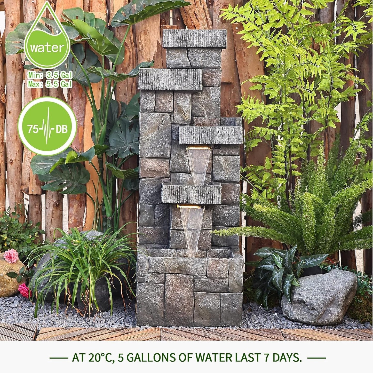 Garden Fountains Outdoor Water Fountain - 44.5 Inches 4 Tired Modern Indoor Floor Standing Outdoor Fountain with Lights Pump for Garden Patio Backyard Porch Home Art Decor, Dark Gray