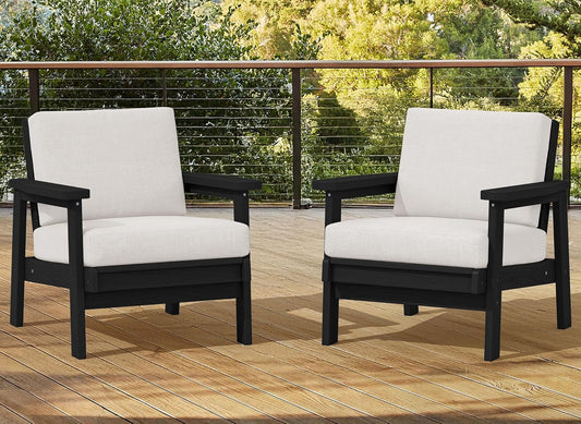 SERWALL HDPE Outdoor Couch Set of 2, All-Weather Wood-Like Outdoor Patio Furniture Set, Black Patio Sofa Chairs with Khaki Cushions