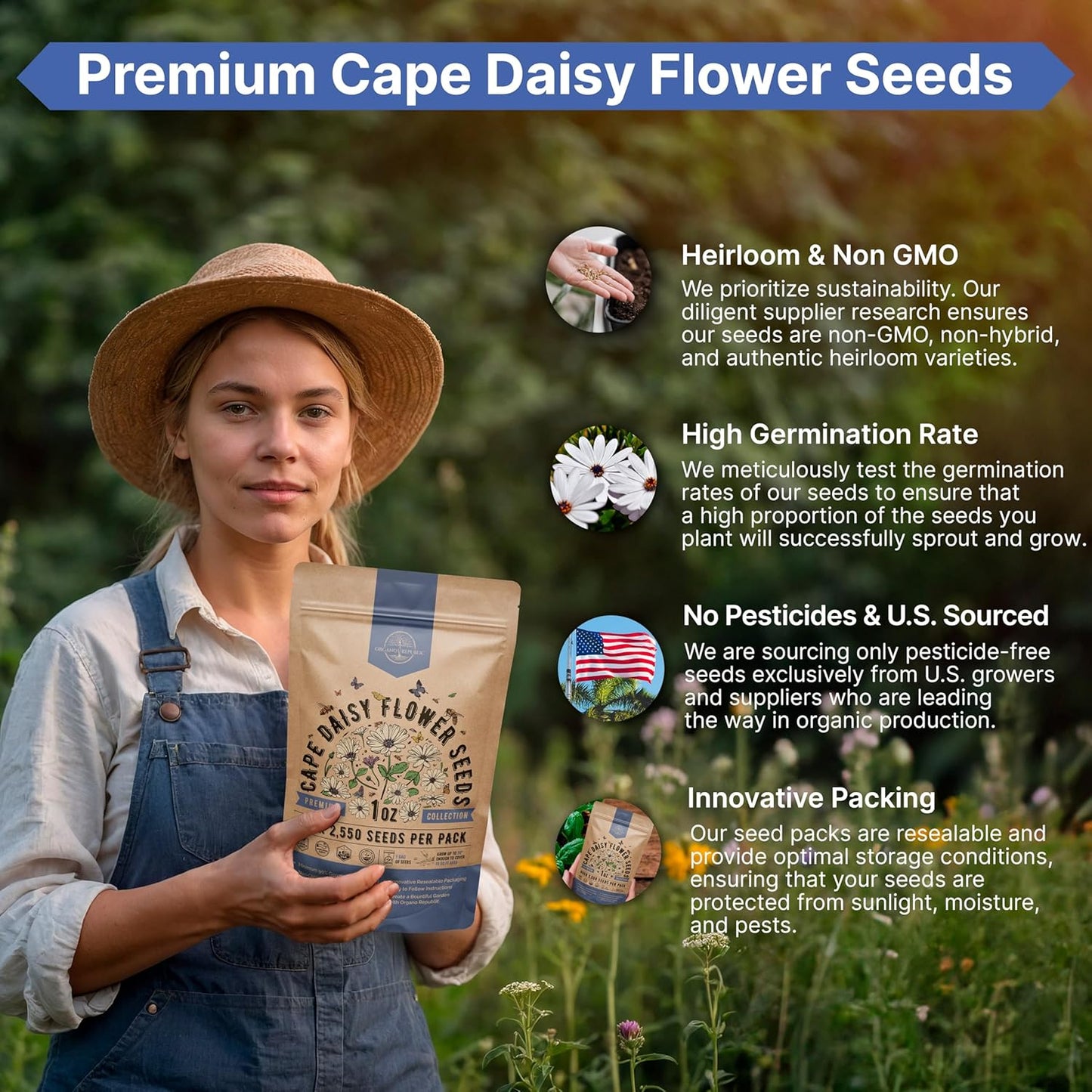 Cape Daisy Flower Seeds Pack 1 oz - Over 2,550 Non-GMO Heirloom Cape Daisy Seeds for Planting, Perennial Flowers in Individual Seed Packet, Seed for Planting Home Garden Indoor & Outdoor Gardening