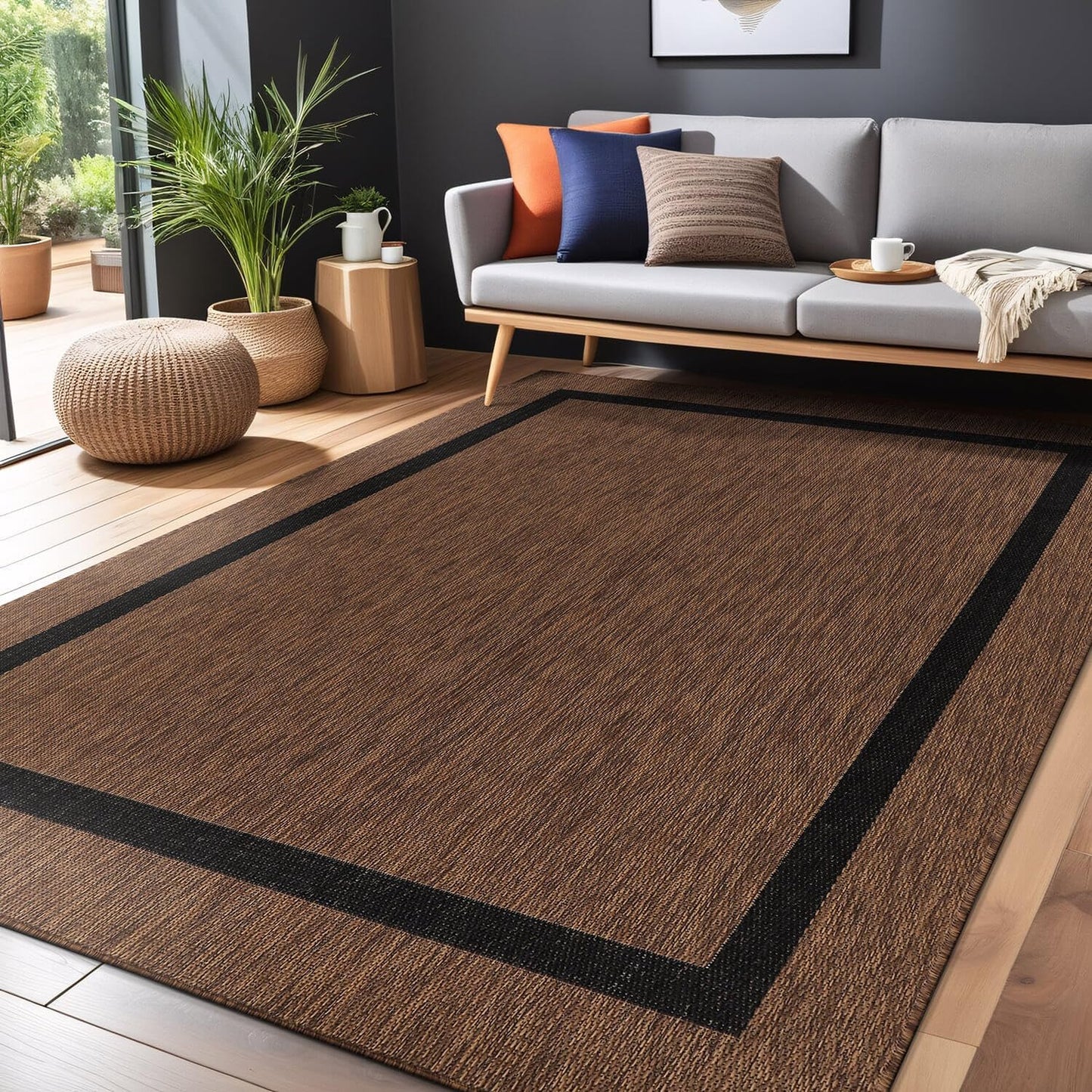 Bordered Outdoor Rug 9x12 Washable Outside Carpet for Indoor Patio Porch Waterproof Easy Cleaning Non Shedding Area Rugs Nut Brown - Black 9 x 12