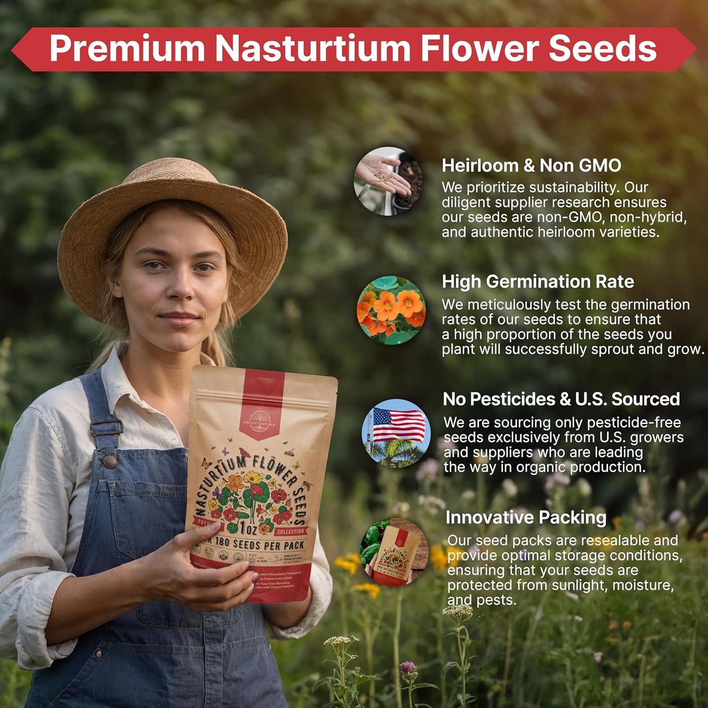 Nasturtium Seeds Pack 1 oz - Non-GMO Heirloom Flower Seeds for Planting, Edible Flowers in Individual Seed Packet, Nasturtium Seed for Planting Home Garden Indoor & Outdoor Gardening
