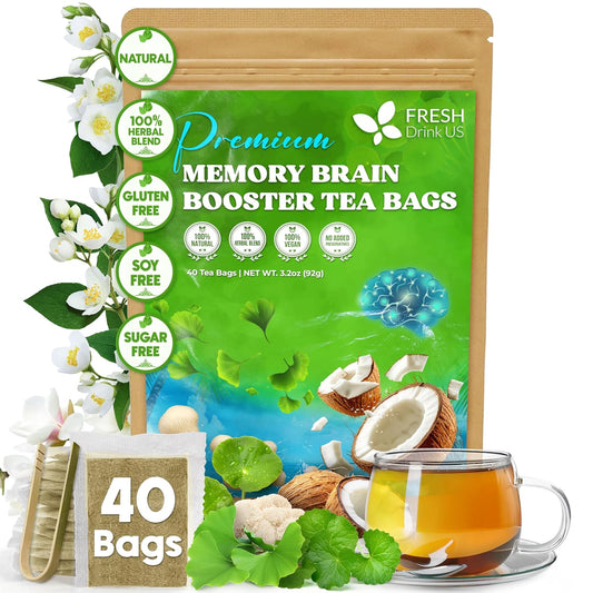 FreshDrinkUS, Memory Brain Booster Herbal Tea – 40 Tea Bags – Ginkgo Biloba, Gotu Kola, Lion's Mane & MCT Coconut Oil – Smooth, Earthy Flavor – Caffeine-Free – Daily Herbal Blend for Anytime Use