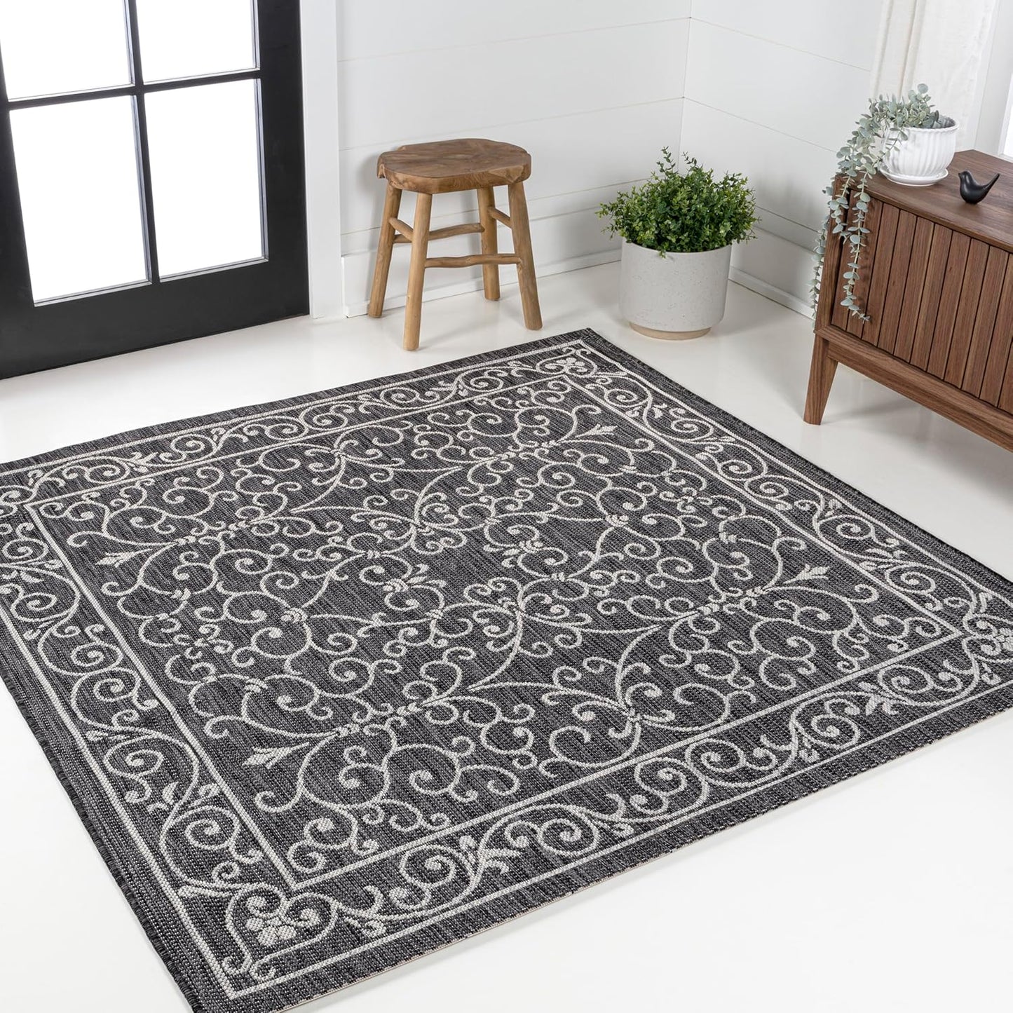JONATHAN Y SMB106G-8SQ Charleston Vintage Filigree Textured Weave Black/Gray 8' Square Indoor/Outdoor Area Rug, Pet Friendly, Non-Shedding, Stain Resistant, Easy-Cleaning for Backyard, Patio, Porch