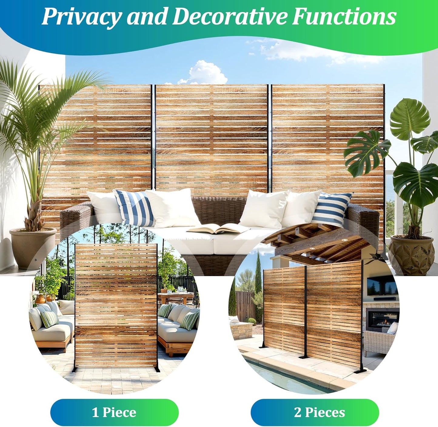 FENCY Metal Privacy Screen 72" H×47" W Natural Wood Color Outdoor Privacy Screen, Freestanding Decorative Privacy Fence Panels for Deck Balcony Patio