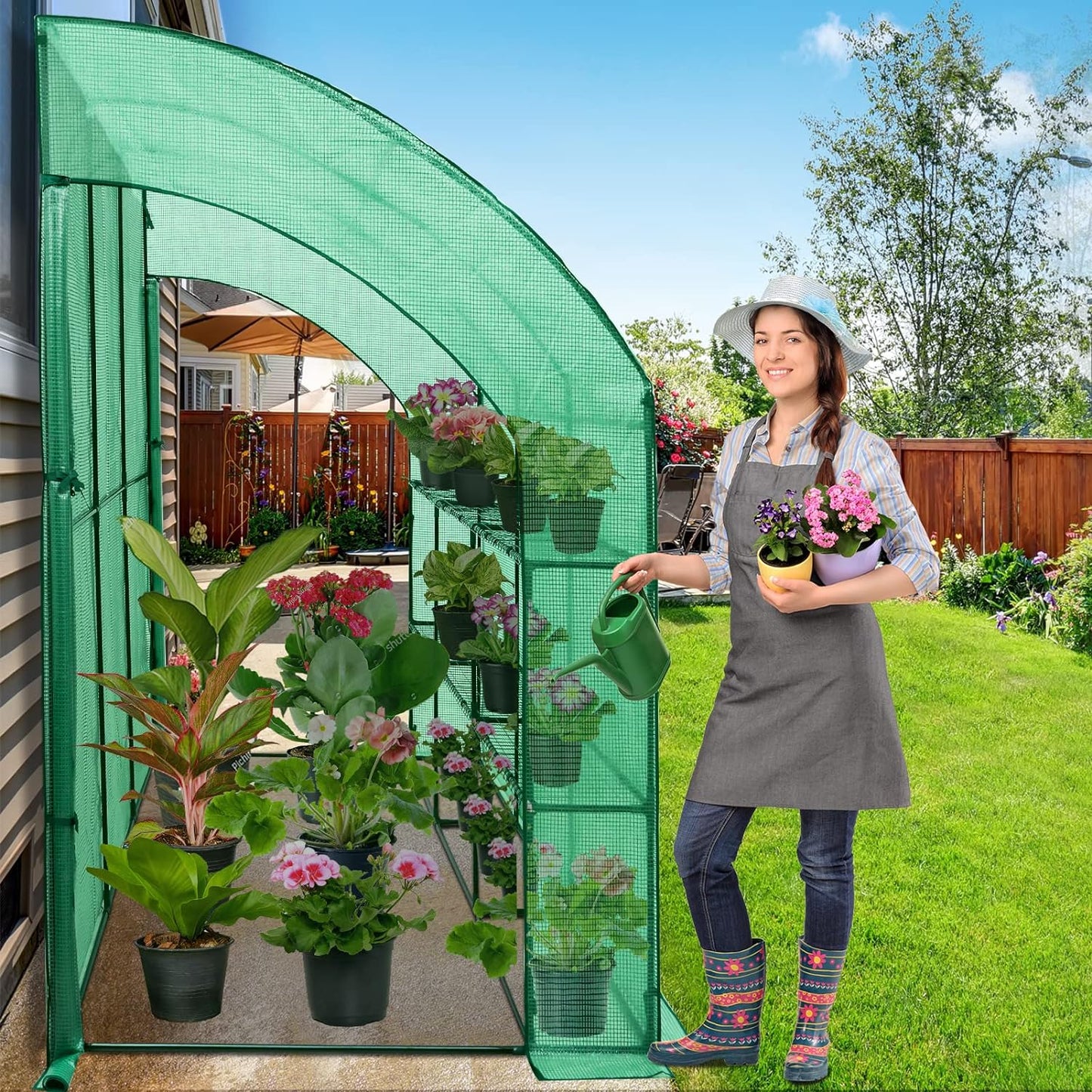 EAGLE PEAK 3 Tier Lean to Portable Greenhouse, Heavy-Duty Indoor & Outdoor Garden with Wire Shelves, 2 Roll-Up Zipper Doors, Easy Assembly, 120"x60"x84" Clear/Green PE Cover