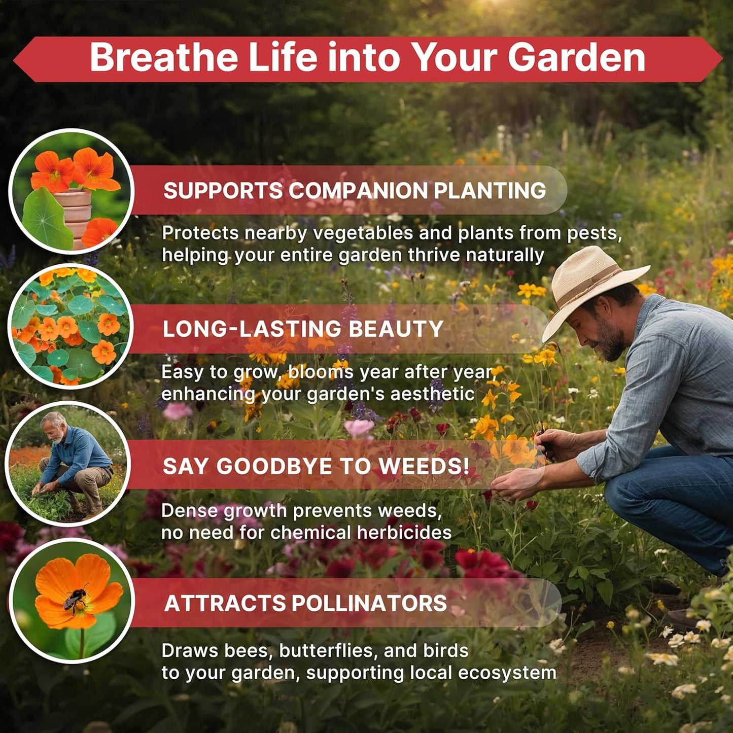 Nasturtium Seeds Pack 1 oz - Non-GMO Heirloom Flower Seeds for Planting, Edible Flowers in Individual Seed Packet, Nasturtium Seed for Planting Home Garden Indoor & Outdoor Gardening