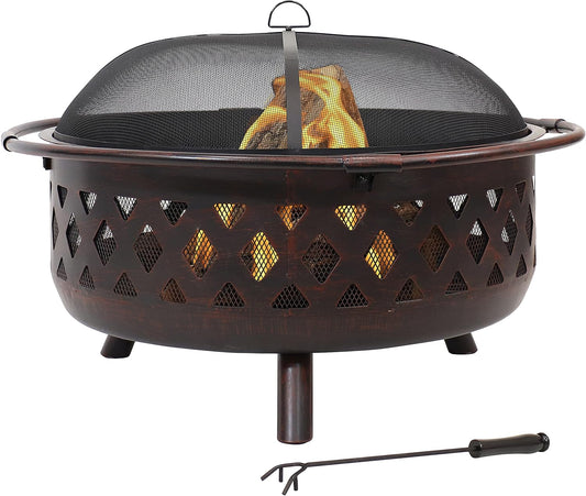 Sunnydaze Crossweave Outdoor Fire Pit - Wood-Burning Fire Pit for Outside with Spark Screen, Poker and Round Cover - 36-Inch - Bronze
