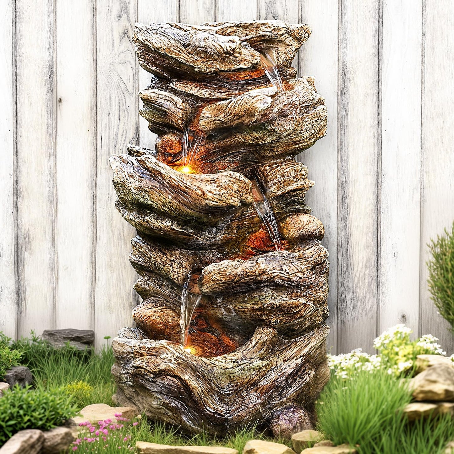 32" High Outdoor Water Fountain, 5-Tiers Cascading Rock Waterfall with LED Lights for Garden, Patio, Yard Decor, Soothing Tranquility for Any Outdoor Living Space