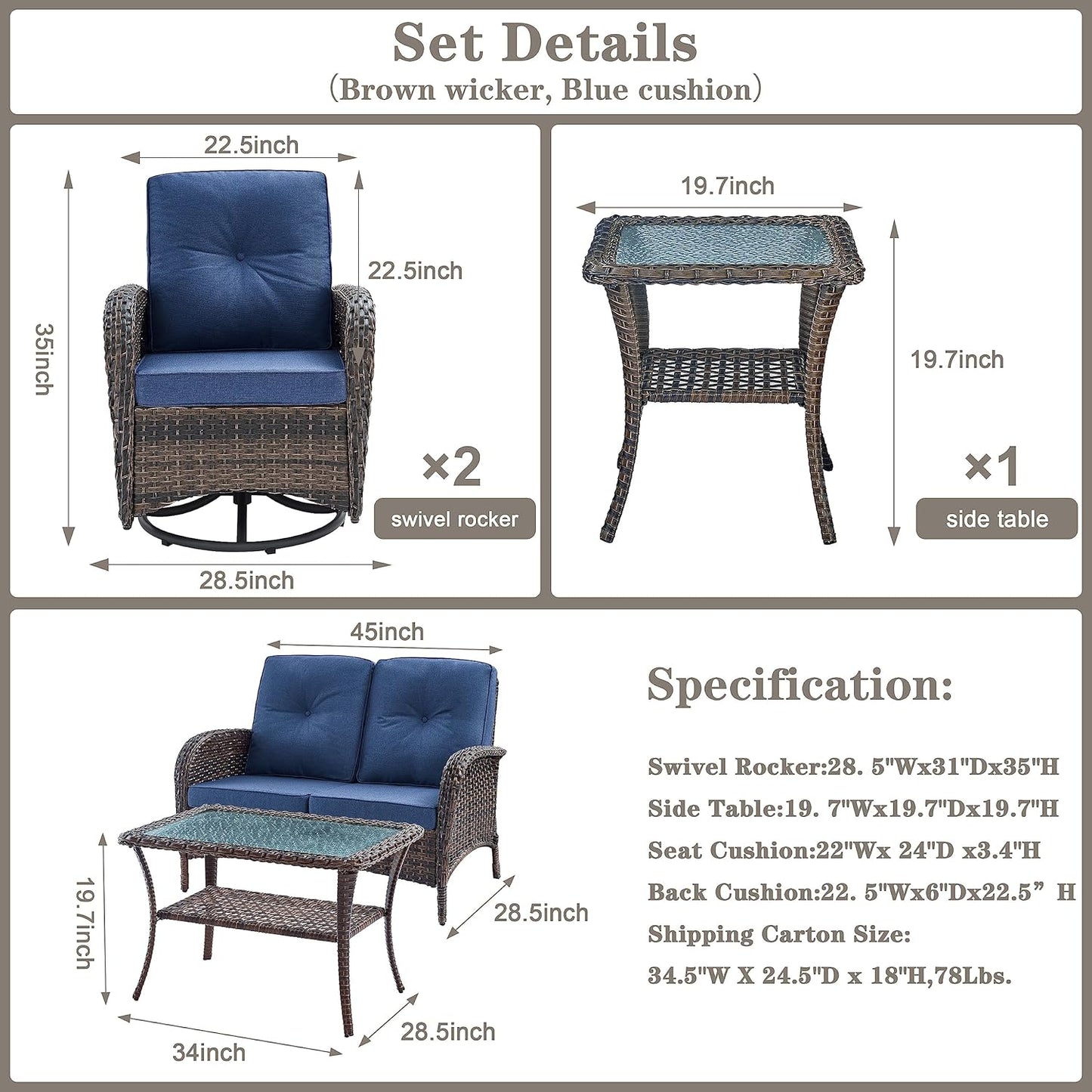 Patio Wicker Furniture with Swivel Rocker Chairs Loveseat, 5 Piece Rattan Furniture Outdoor Table and Chairs Set for Patio Deck Porch Backyard