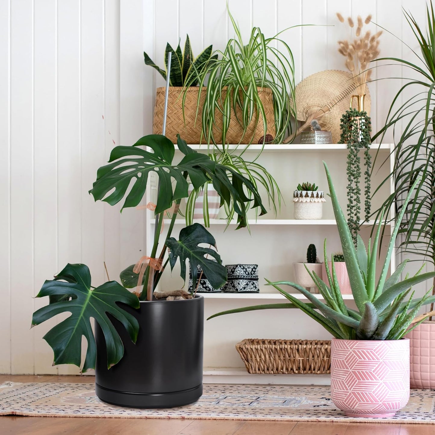 D'vine Dev 14 Inch Ceramic Planter Pot with Drainage Hole and Saucer, Indoor Cylinder Round Planter Pot, Black, 94-O-G-2