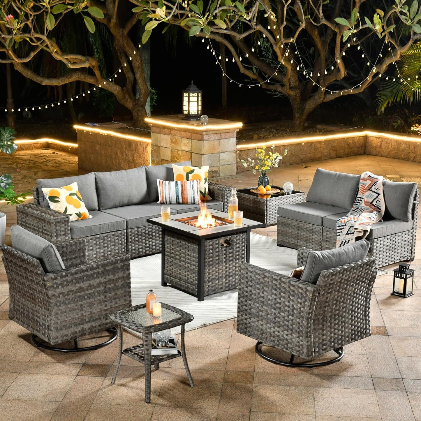 HOOOWOOO 10 Piece Modular Patio Outdoor Sectional Furniture Set with Gas Propane Fire Pit Table,Wicker Conversation Sofa Set with Swivel Chairs,Outside Couch Set(Dark Grey)