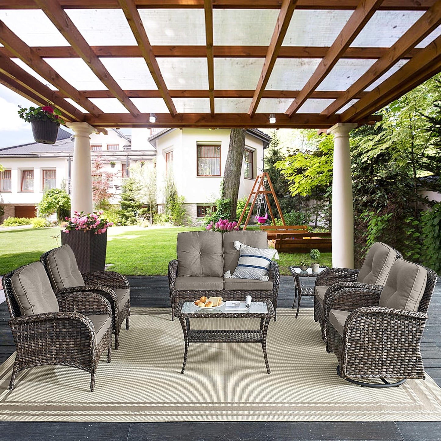 7 Piece Outdoor Patio Wicker Furniture Sets with Swivel Rocker Chairs, Rattan Loveseat Conversation Sets for Patio Deck Backyard Poolside, Grey Cushion