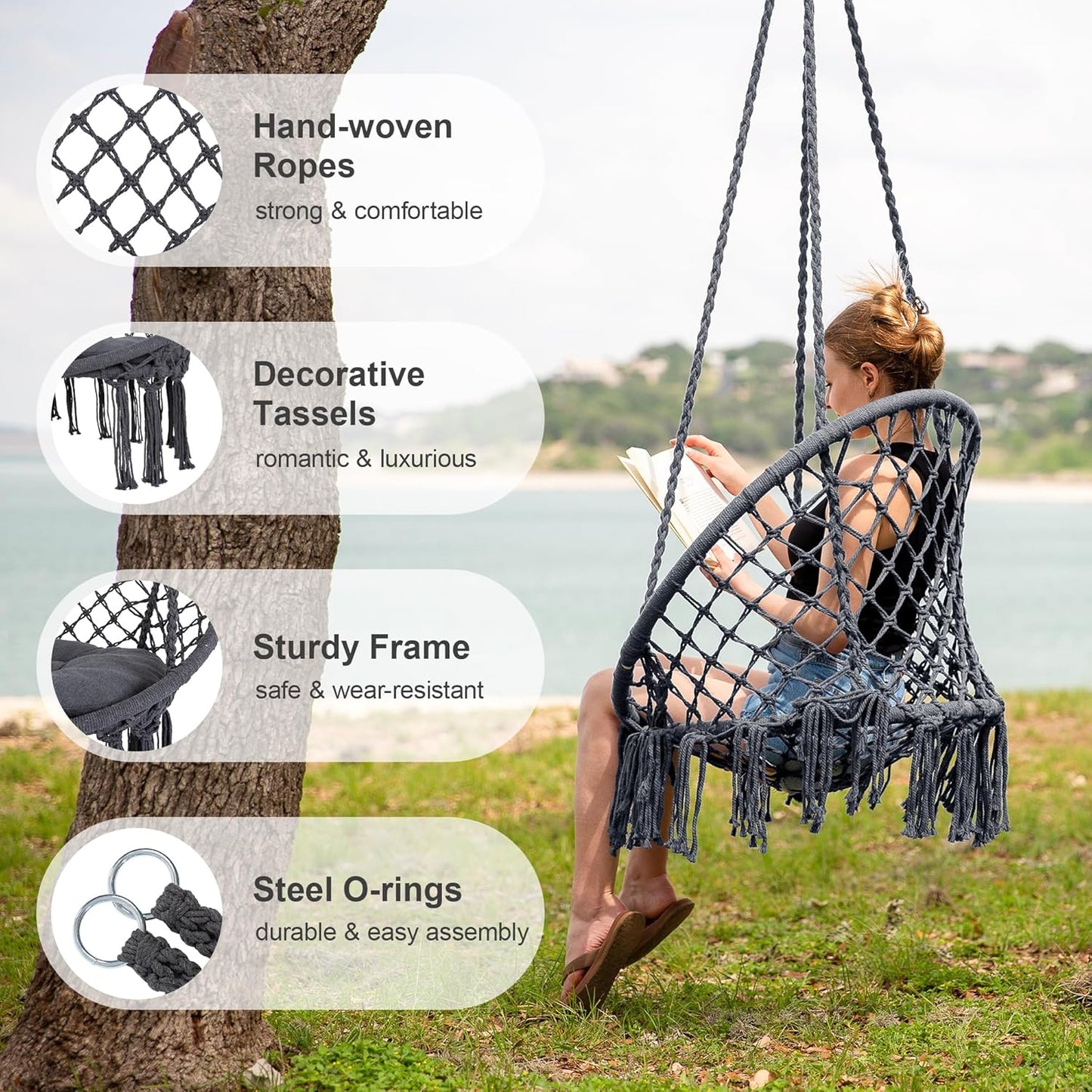 SUNCREAT Hammock Chair Hanging Macrame Swing with Hardware Kits, Max 330 Lbs, Handmade Knitted Mesh Rope Swing Chair for Indoor, Outdoor, Bedroom, Patio, Yard, Deck, Garden, Grey