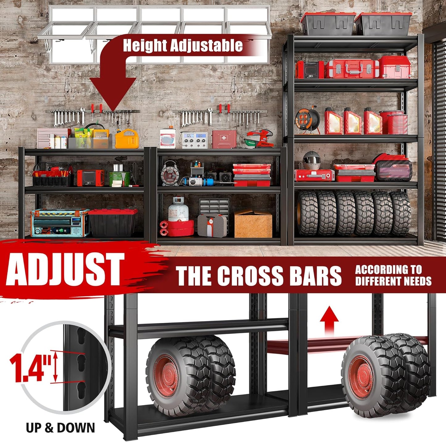 Raybee Storage Shelves 2000LBS Garage Shelving Heavy Duty, 5-Tier Adjustable Garage Shelves, Metal Shelving for Garage, Basement, Warehouse, Pantry, 72" H x 31.5" W x 16.5" D, Black