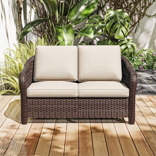 55" Outdoor Loveseat Wicker 2-seat Sofa with Removable Cushions, Conversation Patio Furniture, PE Rattan Couch, Steel Frame Couch with Cushions for Backyard, Deck (Beige)
