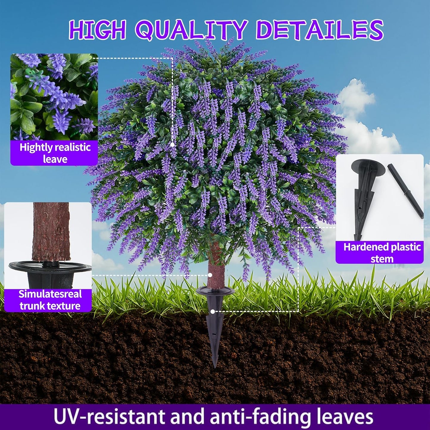 Artificial Lavender Topiany Ball Trees Set of 2,17” Resistant Fake Evergreen Shrubs with Ground SpilRealistic Outdoor Indoor Plants for Garden Porch Maintenance-Free Potted