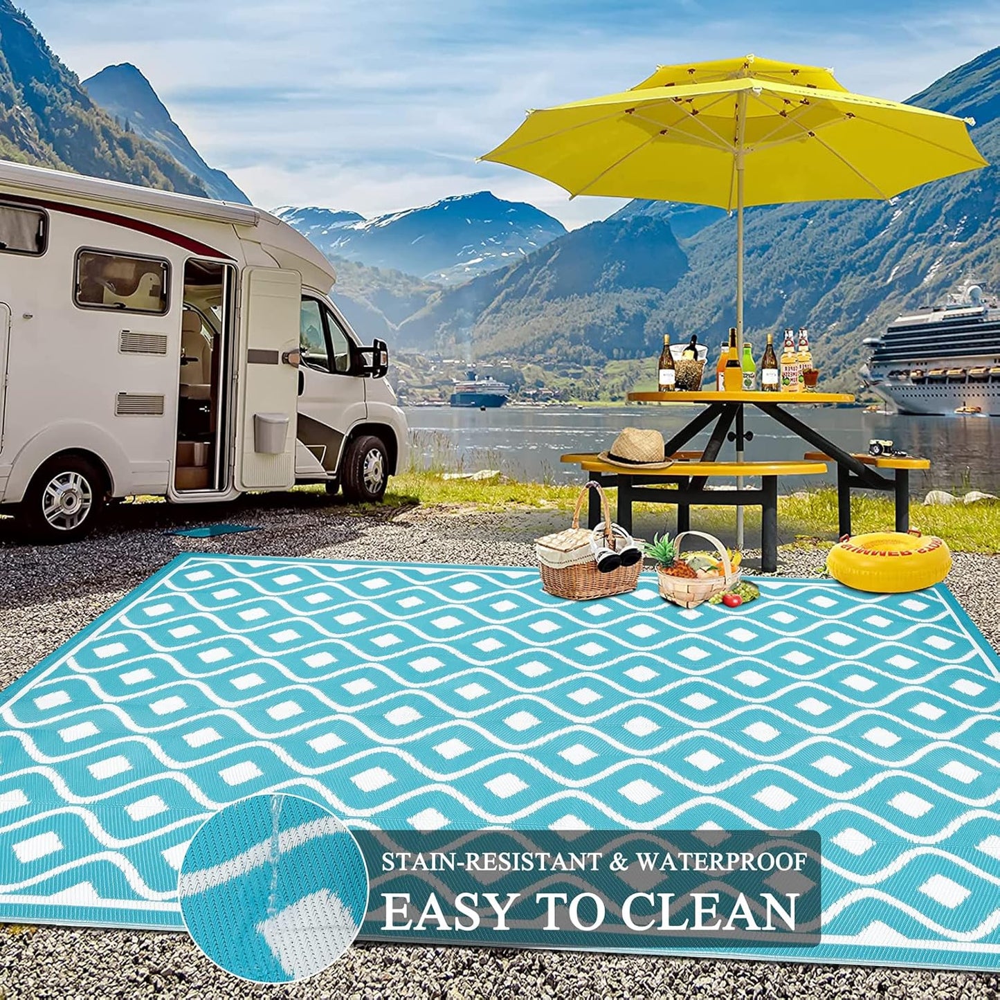 Pauwer Waterproof Outdoor Rug 8x10, Reversible Plastic Straw Patio Camping Rug, Indoor Outdoor RV Mat Carpet for Deck, Camper, Porch, Balcony, Backyard, Picnic, Geometric Teal