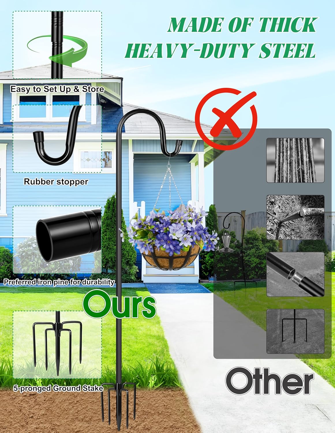 XDW-GIFTS Bird Feeder Pole for Outdoor, 92 Inch Shepherds Hooks Heavy Duty Garden Pole for Hanging Plant Basket, Solar Light Lanterns, Garden Plant Hanger Stands with 5 Base Prongs