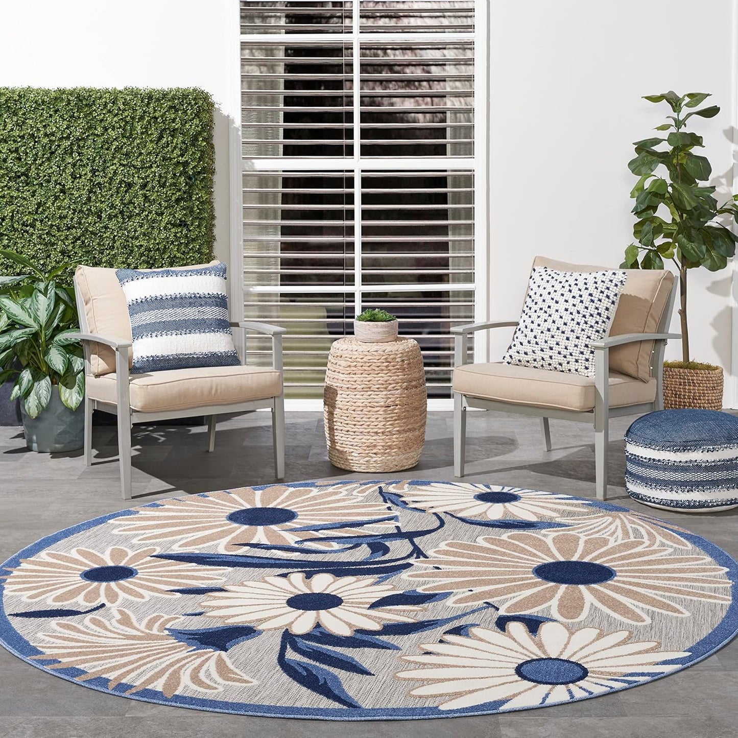 Nourison Home Aloha Outdoor Blue Grey 5'3" x Round Area Rug, Easy Cleaning, Non Shedding, Bed Room, Living Room, Dining Room, Deck, Backyard, Patio (5 Round)