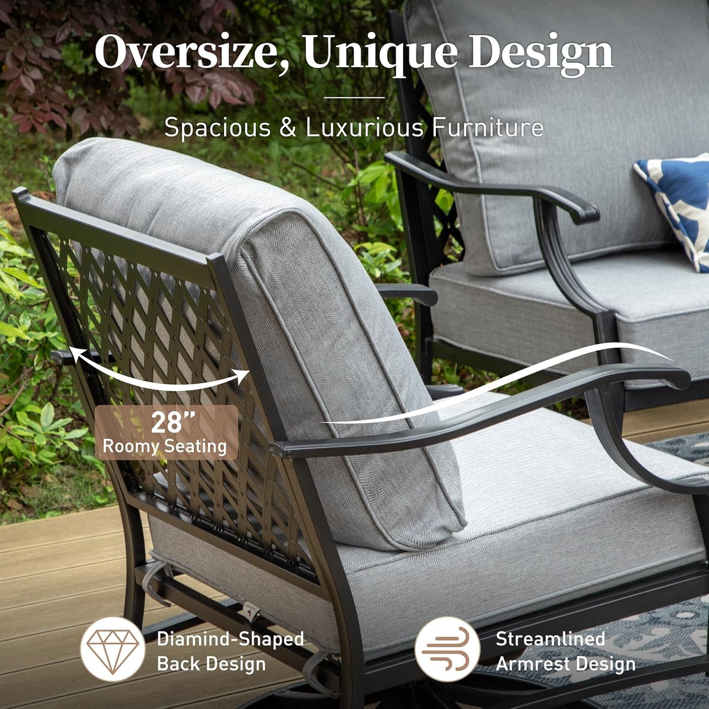 Metal Patio Chairs Set of 2 with 5.75" Extra Thick Cushion, 2 Pieces High Back Outdoor Patio Chairs All Weather Outdoor Furniture Seating for Deck Backyard Balcony Front Porch, Gray