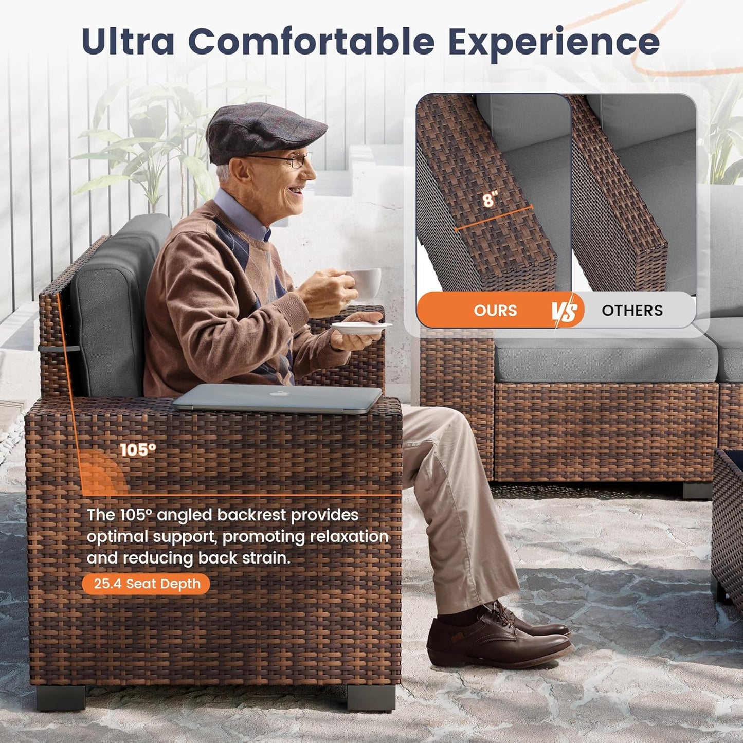 UDPATIO Patio Furniture Set, 8 Inch Armrest Outdoor Sectional Sofa, 6 Piece Wicker Outdoor Furniture Conversation Sets with Waterproof Cover and Coffee Table for Backyard Deck(Brown/Dark Grey)