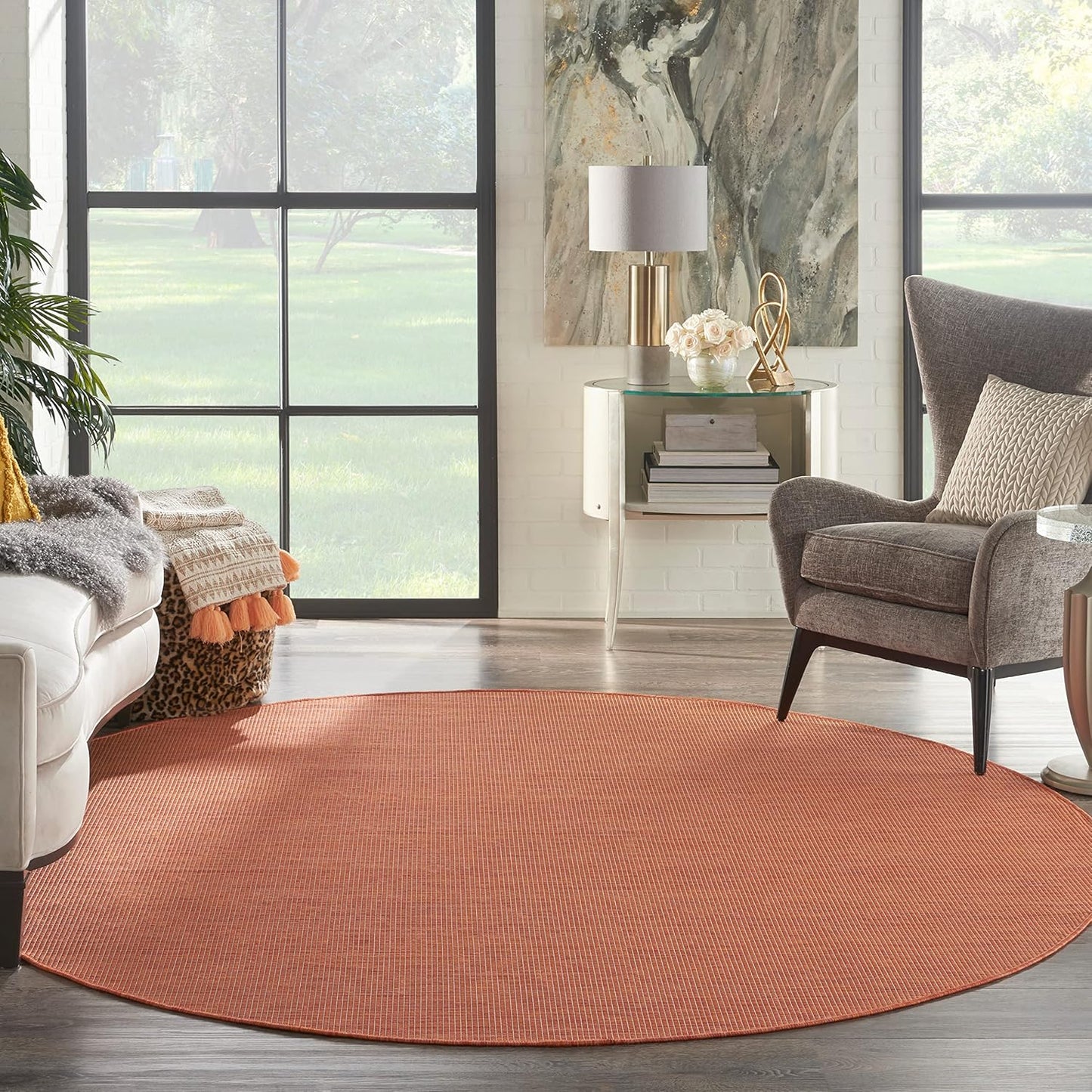 Nourison Positano Indoor/Outdoor Terracotta 8' x Round Area Rug, Easy Cleaning, Non Shedding, Bed Room, Living Room, Dining Room, Backyard, Deck, Patio (8 Round)