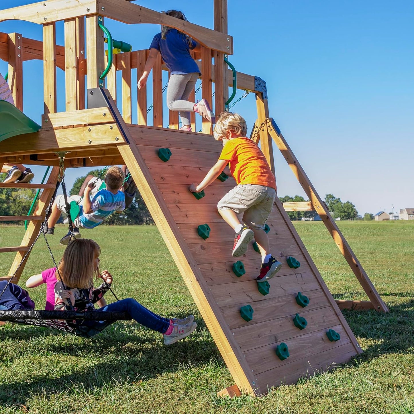 Backyard Discovery Endeavor All Cedar Wood Swing Set Playset for Backyard with Large Clubhouse Wave Slide Rope Ladder Rock Climbing Wall Wave Slide 2 Belt Swings and 1 Web Swing Gift for Ages 3-10