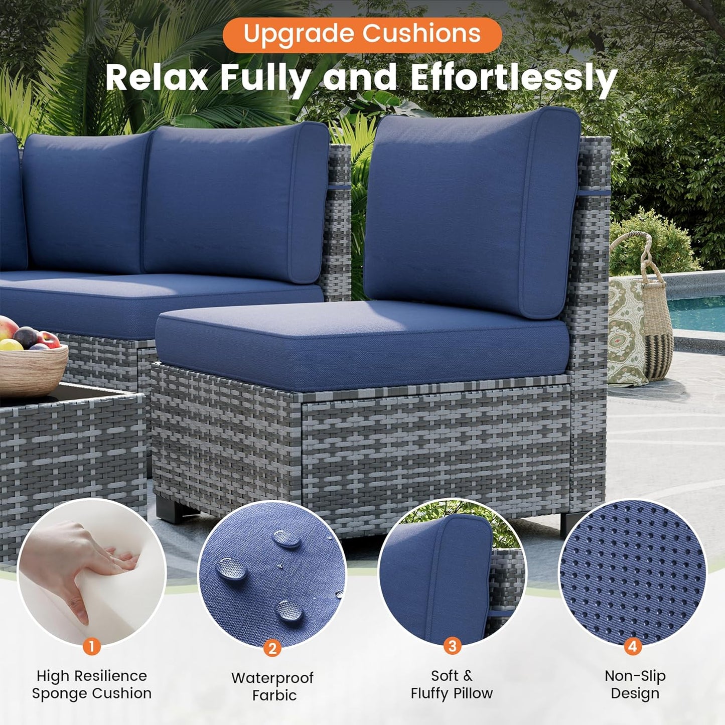 UDPATIO Patio Furniture Set with Fire Pit Table, 8 Inch Armrest Outdoor Sectional Sofa, Wicker Outdoor Furniture Conversation Sets with Waterproof Cover for Backyard Deck(Grey/Navy Blue)